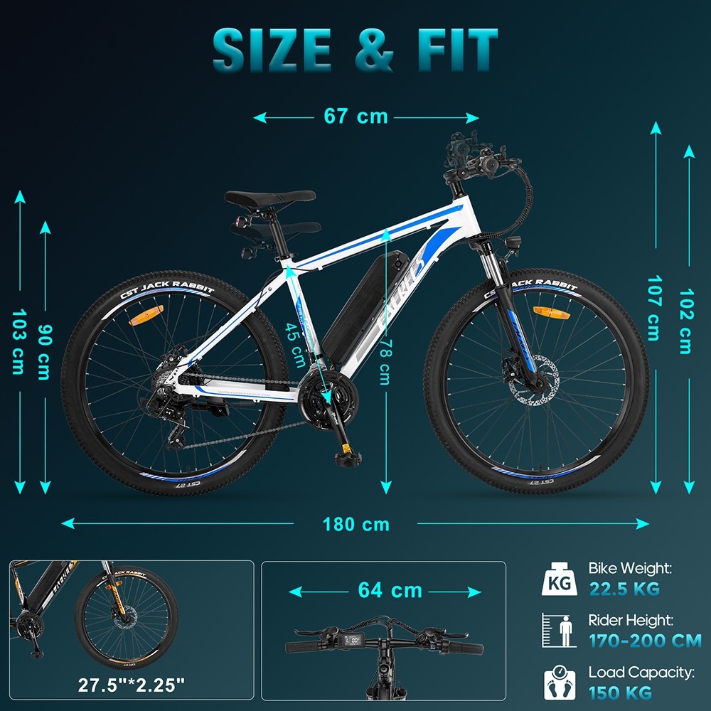 Vélo électrique de montagne Fafrees F28 MT 27.5 * 2.25 pouces Pneu 250 W Moteur 36 V 14.5 Ah Batterie 25 km/h Vitesse maximale par défaut 110 km Portée maximale SHIMANO 21 vitesses Freins à disque mécaniques - Noir