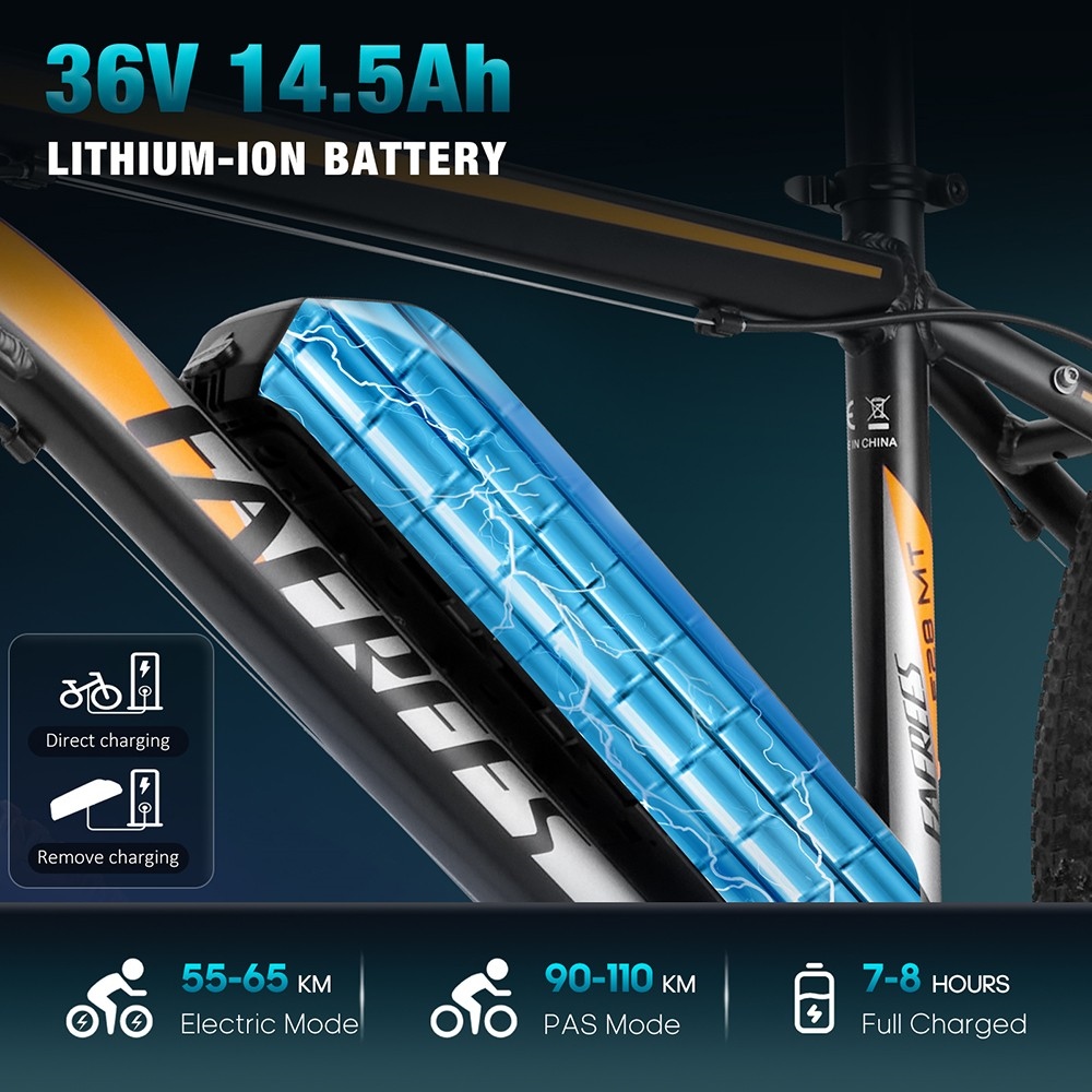 Vélo électrique de montagne Fafrees F28 MT 27.5 * 2.25 pouces Pneu 250 W Moteur 36 V 14.5 Ah Batterie 25 km/h Vitesse maximale par défaut 110 km Portée maximale SHIMANO 21 vitesses Freins à disque mécaniques - Noir