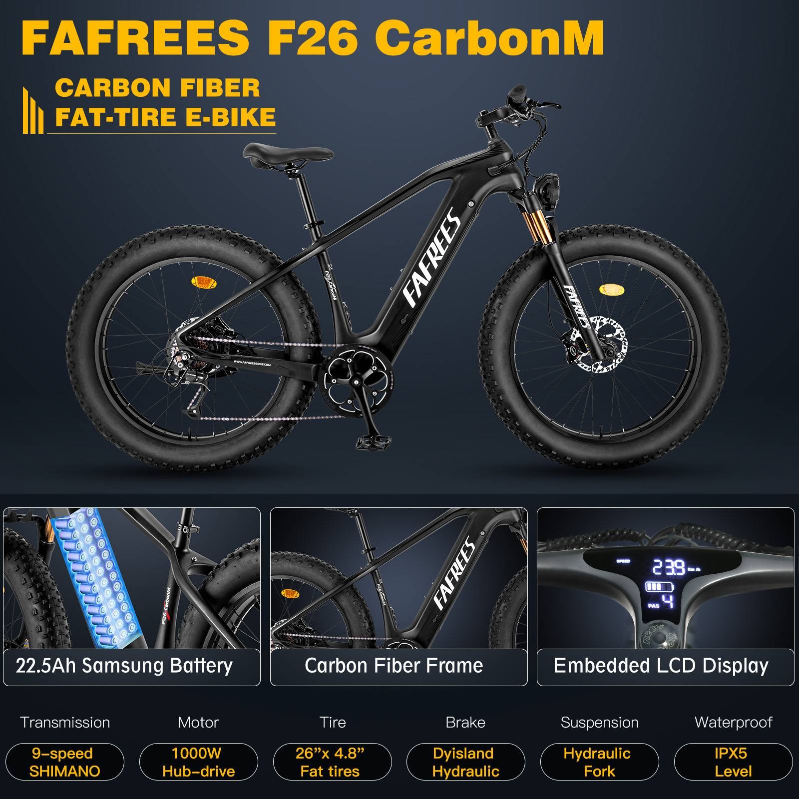 Vélo Électrique FAREES F26 Carbon M E-bike Pneu 26*4.8 pouces Moteur 1000W Noir