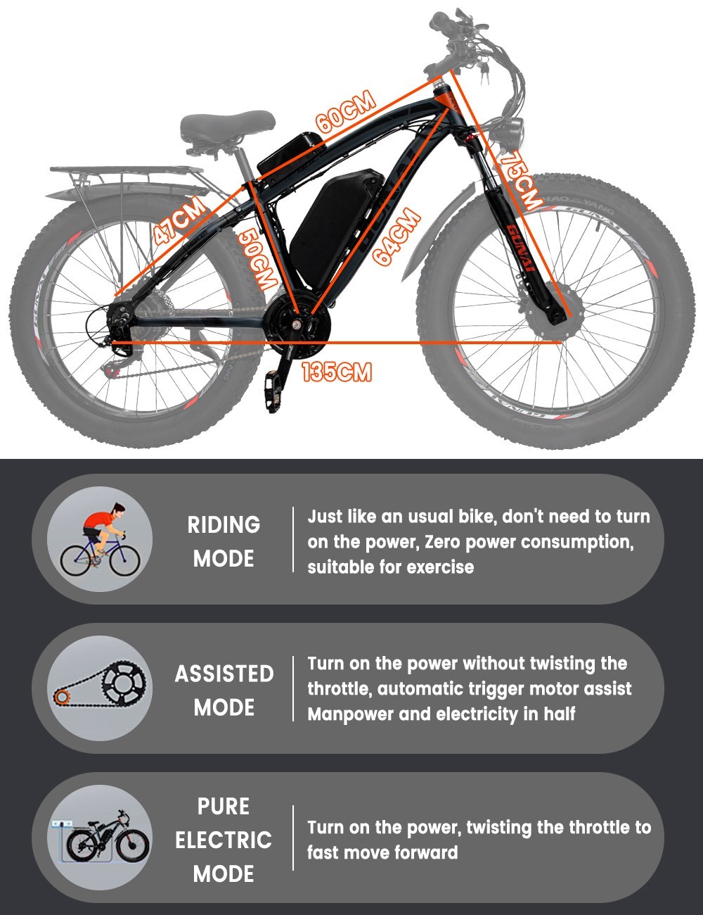 GUNAI GN88 Vélo Électrique 26 pouces 2*1000W Moteurs 48V 22Ah 55km/h Vitesse