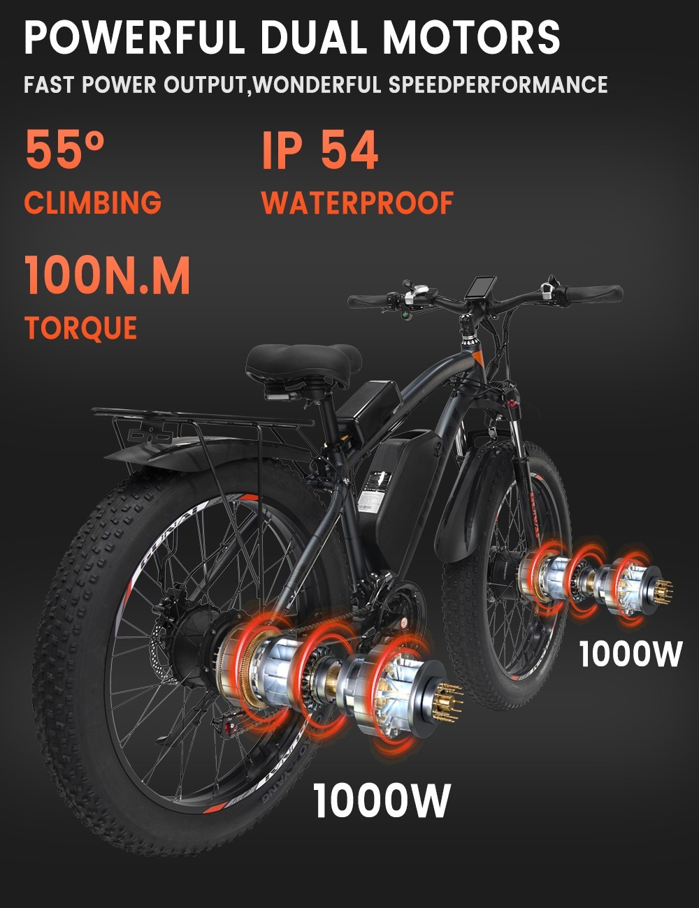 GUNAI GN88 Vélo Électrique 26 pouces 2*1000W Moteurs 48V 22Ah 55km/h Vitesse