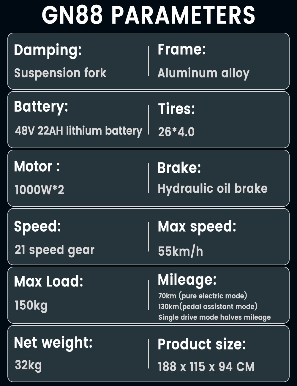 GUNAI GN88 Vélo Électrique 26 pouces 2*1000W Moteurs 48V 22Ah 55km/h Vitesse