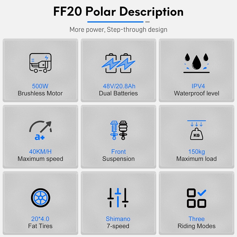 FAFRES FF20 Polar E-Bike 40Km/h 500W 48V 10.4AH Double Batterie Bleu