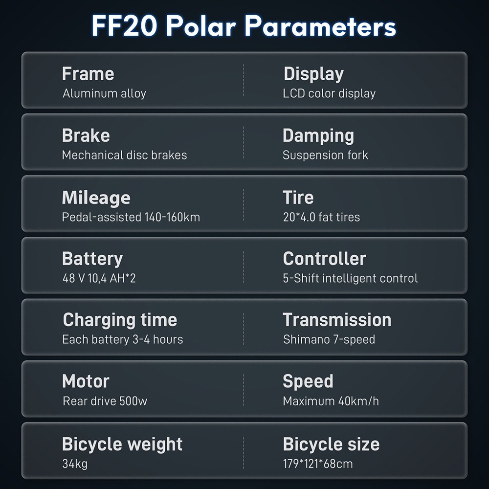 FAFRES FF20 Polar E-Bike 40Km/h 500W 48V 10.4AH Double Batterie Bleu