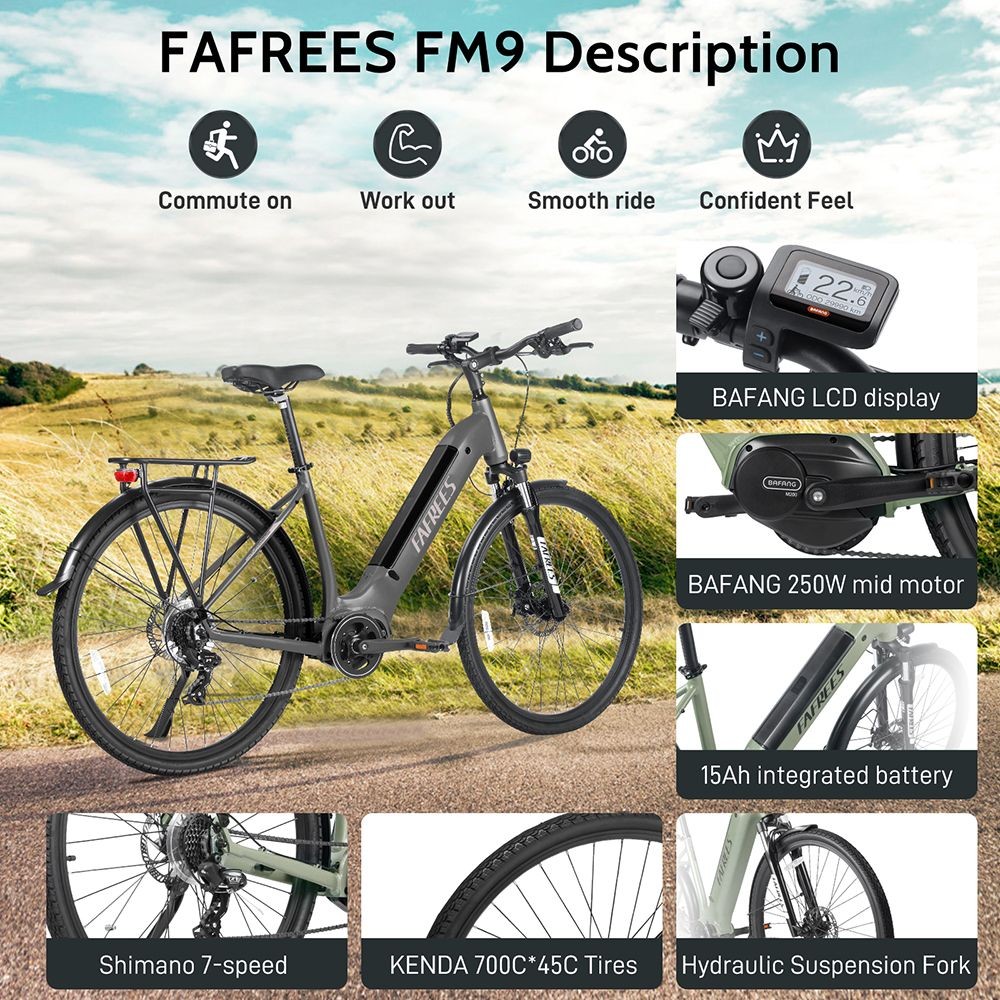 FAREES FM9 City Ebike 700C Pneu 25Km/h 36V 15AH 250W Mid-Motor Vert